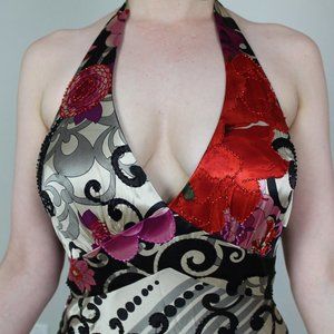 Silk abstract floral swirl pattern maxi gown